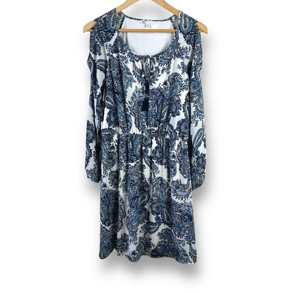 DR2 Women's M Long‎ Sleeve Cold Shoulder Dress Blue Paisley Bohemian Western
